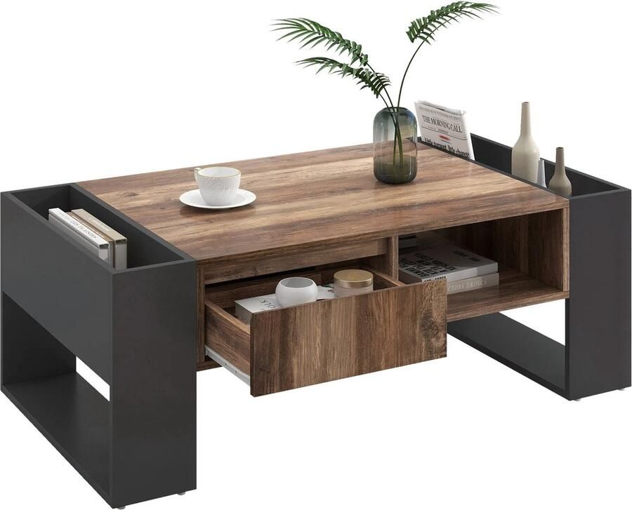 Nique Salontafel met Houtnerfpatroon Salontafel met Greeploze Lade en Opbergruimte 106.4x60x40 Antraciet en hout