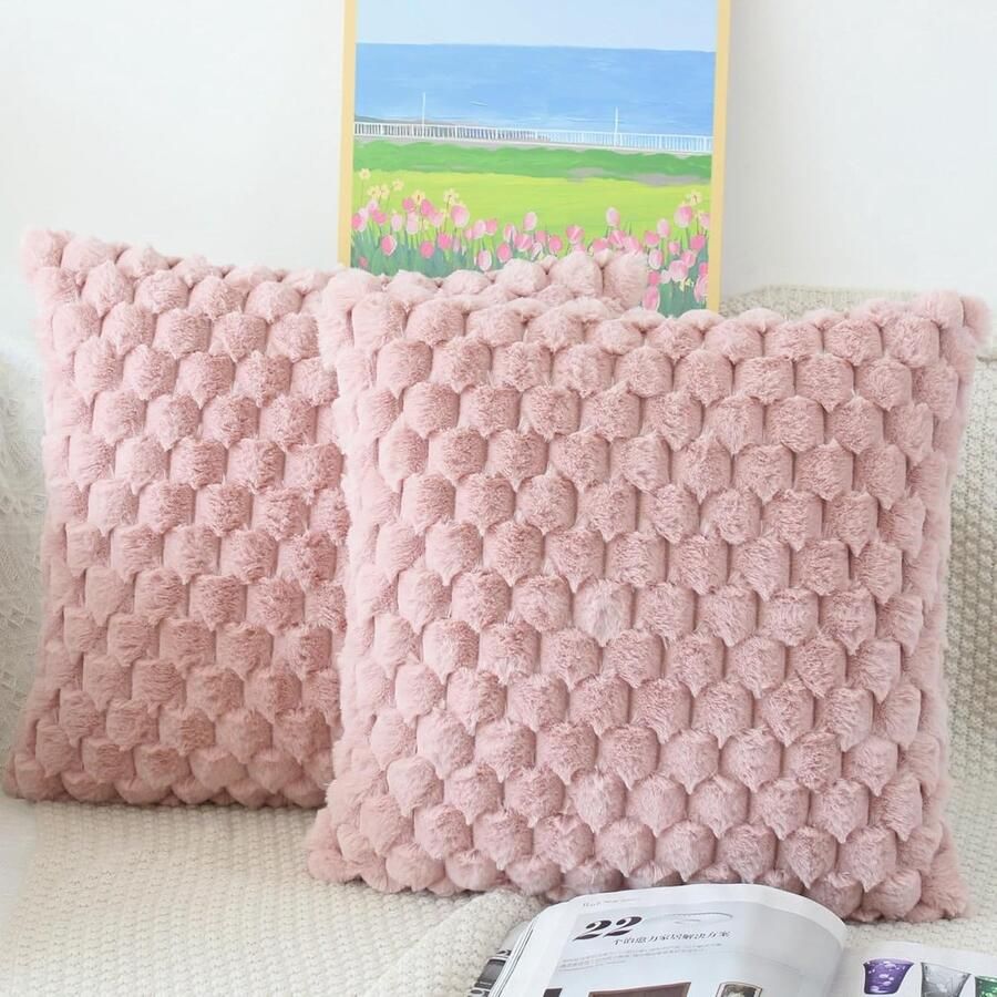NIULAA Pluizige Kussenhoes 40 x 40 cm Roze Set Van 2 Pluche Decoratieve Kussenhoezen Zacht Gestreept Kussenhoes Luxe Bont Sierkussen Bankkussen Sierkussen Knuffelige Kussenhoezen Woonkamer Bank