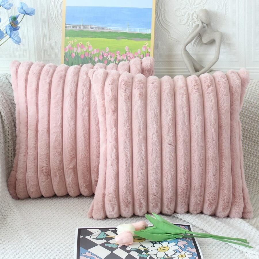 NIULAA Roze Kussenhoes 50x50 Set van 2 Zachte Pluche Decoratieve Kussenhoezen Zachte Gestreepte Bont Kussenhoes Decoratieve Kussen Bank Kussenhoes Luxe Bank Kussen Decoratieve Kussenhoezen Woonkamer Bank