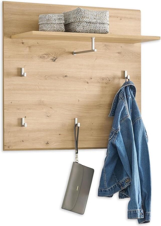 NOLA Garderobepaneel Artisan eikenlook Moderne hoedenplank Betrouwbare wandhaken 80 x 75 x 28 cm kapstok hangend met plank