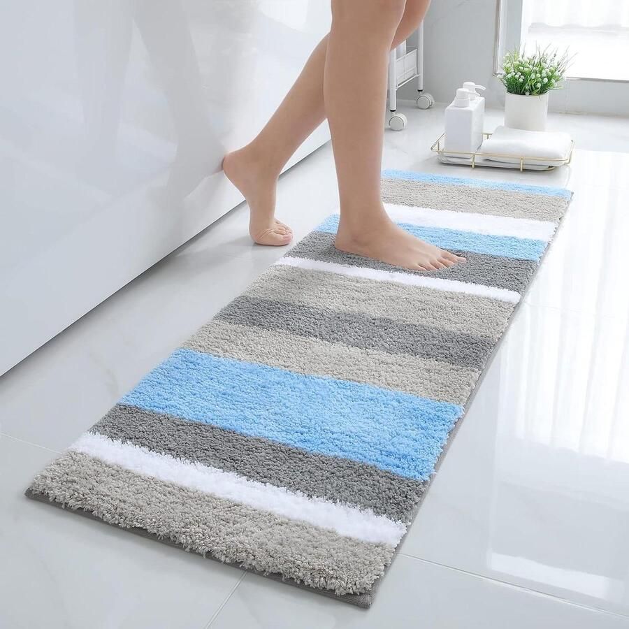 Non-Slip Soft High Pile Microfibre Bathroom Rug Absorbent Washable 40 x 120 cm Blue Grey