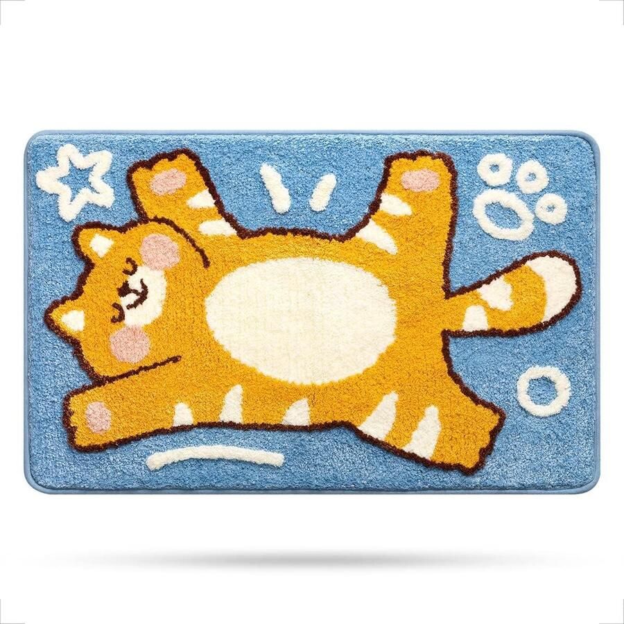 Non Slip Soft Shower Rug Funny Plush Cute Cat Bath Rug Water Absorbent Shaggy Floor Mats Kids Room Bedroom Kitchen Orange Tabby Cat 19.5x31.5cm