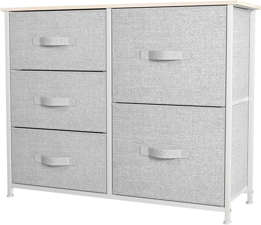 Non-Woven Fabric 5-Drawer Chest of Drawers Sturdy Steel Frame with Easy-to-Pull Bins and Wooden Top Ideal Storage Organizer for Bedroom and Living Room Cabinet