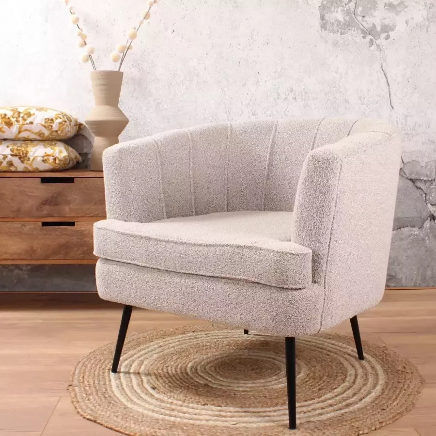 DS4U Norah Fauteuil Bouclé Beige Stijlvol Luxueus en Trendy Stijlvolle Zwarte Pootjes Dik Zitkussen en Zachte Armleuningen Geschikt voor Woonkamer Slaapkamer en Hal - Foto 2