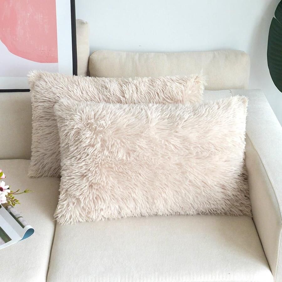 NordECO HOME Set van 2 kussenhoezen 30 x 50 cm kussen beige kunstbont bontkussen sierkussen knuffelkussen pluizig bankkussen zacht pluche kussen voor op de bank