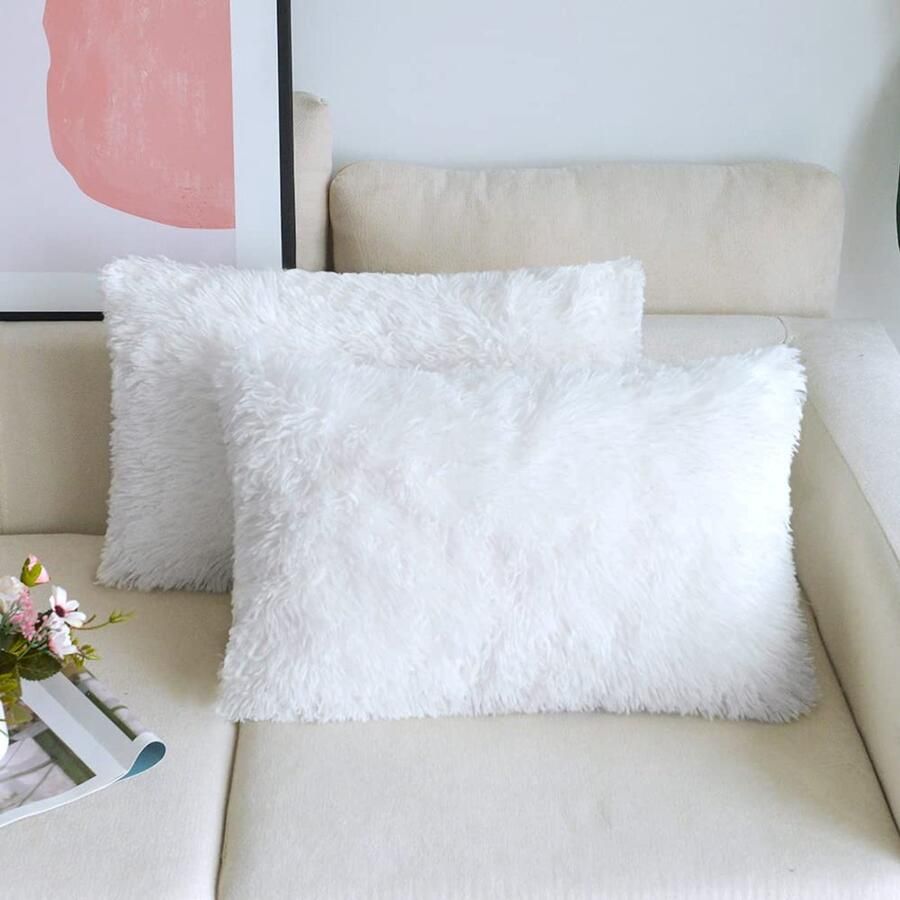 NordECO HOME Set van 2 kussenhoezen 30 x 50 cm kussen wit kunstbont bontkussen sierkussen knuffelkussen pluizig bankkussen zacht pluche kussen voor op de bank