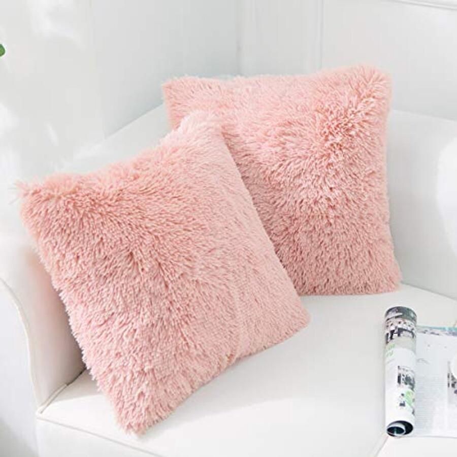 NordECO HOME Set van 2 kussenhoezen 45x45 cm Roze Kunstbont Bontkussen Decoratieve sierkussens Knuffelkussen Fluffy bankkussen Zacht pluche kussen voor de bank