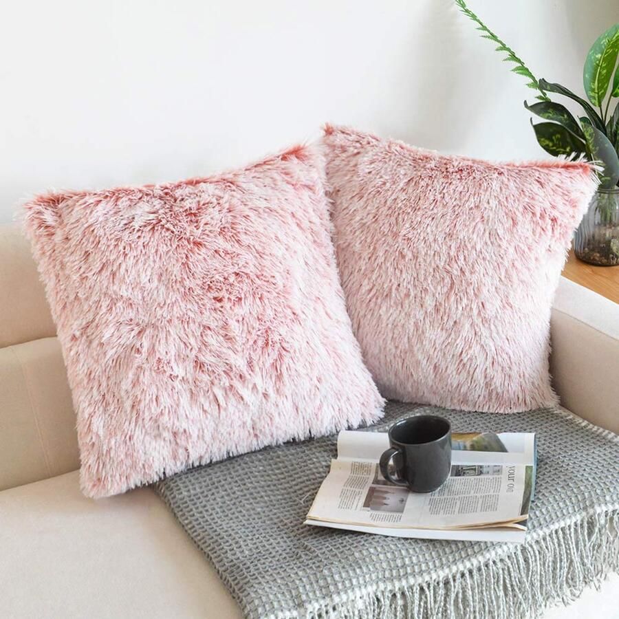 NordECO HOME Set van 2 kussenhoezen kunstbontkussen decoratief kussen knuffelkussen pluizig bankkussen zacht pluche kussen voor op de bank 45 x 45 cm roze ombre