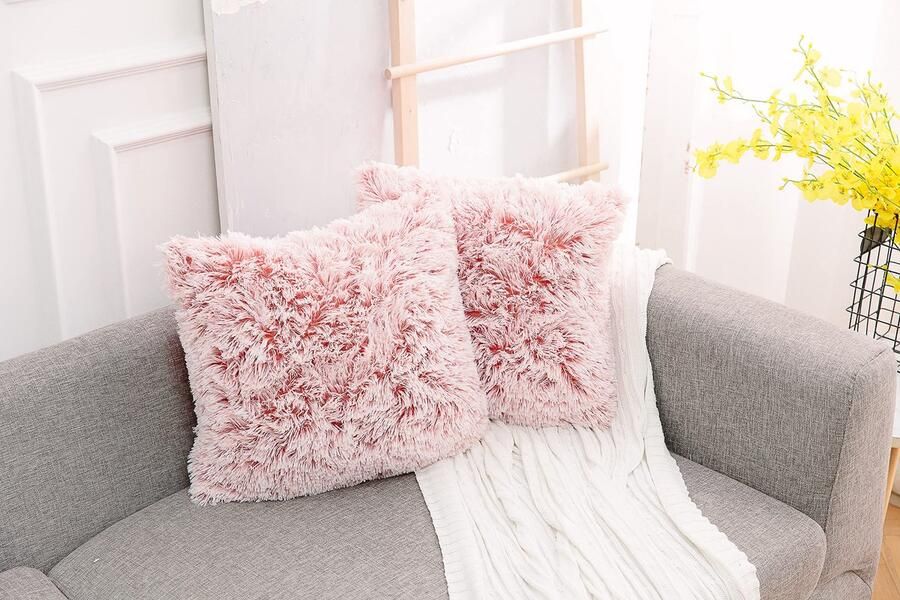 NordECO HOME Set van 2 kussenhoezen kunstbontkussens sierkussens knuffelkussens donzige bankkussens zachte pluche kussens voor op de bank (40 x 40 cm roze ombre)