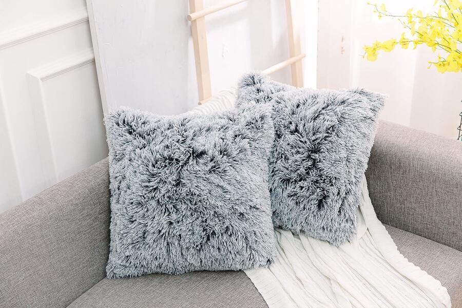 NordECO HOME Set van 2 kussenhoezen kunstbontkussens sierkussens knuffelkussens donzige bankkussens zachte pluche kussens voor op de bank (40 x 40 cm zwart ombre)