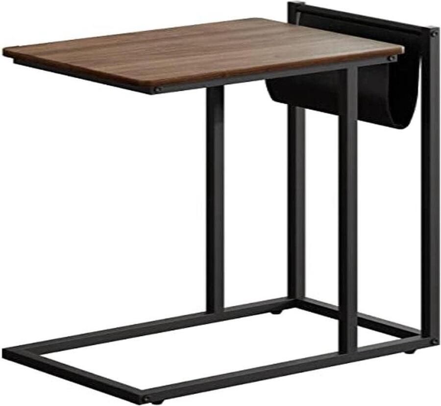 Novilla Sofa bijzettafel C-vormige laptop bijzettafel voor woonkamer en kantoor industriële stijl met metalen frame kleine salontafel met tijdschriftenhouder walnoot