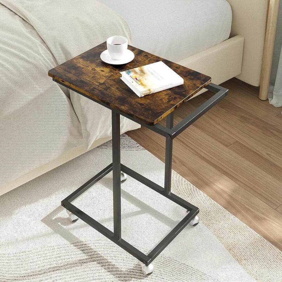 Novilla Sofa bijzettafel woonkamer C-vormige laptop bijzettafel kantoor industriële stijl metalen frame kleine salontafel 4 wielen handgrepen bed side nachtkastje slaapkamer