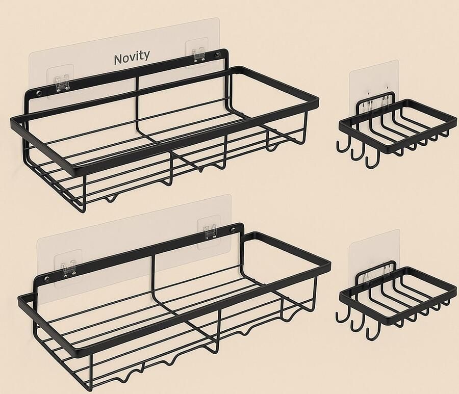 Novity 4x Zwarte Metalen Doucherekken – Zelfklevend Wandrek voor Badkamer – Zonder Boren – Stijlvolle Opbergruimte voor Douche & Wanden
