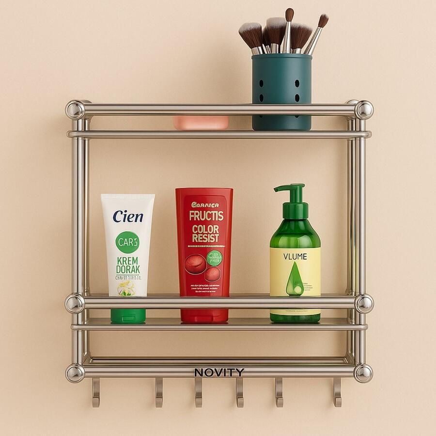 Novity Badkamerrek 39 cm – 2 Planken met Haken – Chroom Aluminium – Wandrek Douche of Toilet