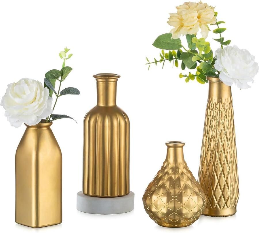 NUPTIO Glazen Knopvaas Klein Goud: Set van 4 Vazen voor Bloemen Tafel Decoratie Bruiloft Centrastukken Decoratief Vintage Kristal Home Woonkamer Decor Decoratieve Accessoires Binnen