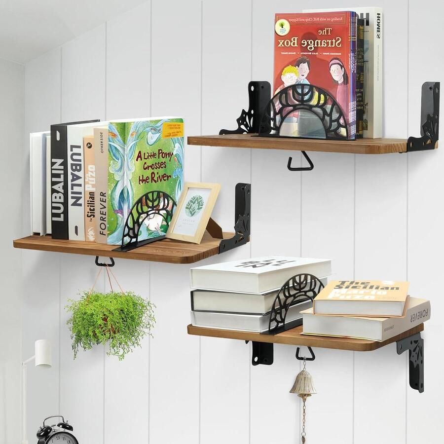 Nursery Bookshelves with Bookends and Hooks Large Hanging Bookshelf for Kids Room Wooden Floating Bookshelves for Wall Mounting Bedroom Decoration