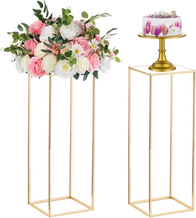 O 2 stuks gouden vazen voor bruiloft centrepiece tafels metalen bloemenbodem bloemenstandaard 80 cm hoge geometrische bloemenvaas rechthoekige bloemendisplay rek voor thuis feest bruiloft