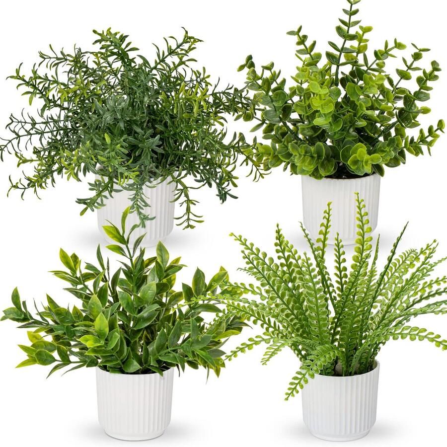 Oairse Set van 4 kunstplanten in potten kunstplanten zoals echte eucalyptus mini kunstrozemarijn kunstvarenplant ter decoratie woonkamer tafeldecoratie badkamer bureau