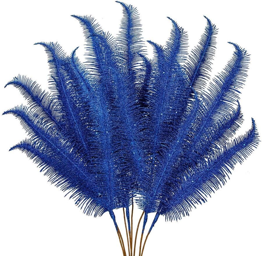 Oairse Set van 8 kunstplanten kunsttakken kerstversiering glitter kerstbladeren voor de kerstboom nieuwjaarsversieringen kunstvaren voor de feestdagen op de eettafel blauw