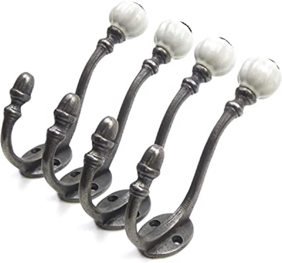 Oakcrafts 4 x 125 mm witte gietijzeren kapstokhaken met keramische punt Shabby Chic-stijl