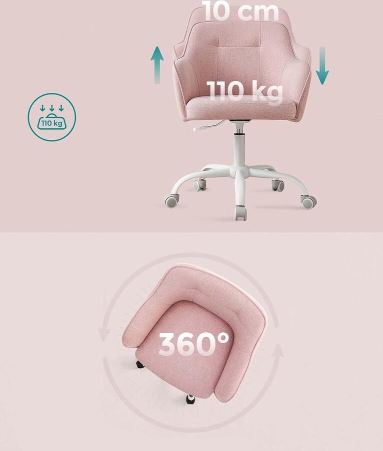 OBG019P01 Homeoffice stoel draaistoel bureaustoel in hoogte verstelbaar tot 110 kg belastbaar ademende stof voor werkkamer slaapkamer roze