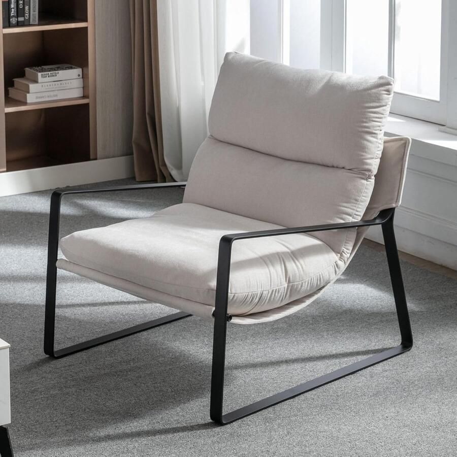 Occasionele stoel – Beige chenillestof fauteuil moderne kuipstoel met zachte bekleding voor woonkamer