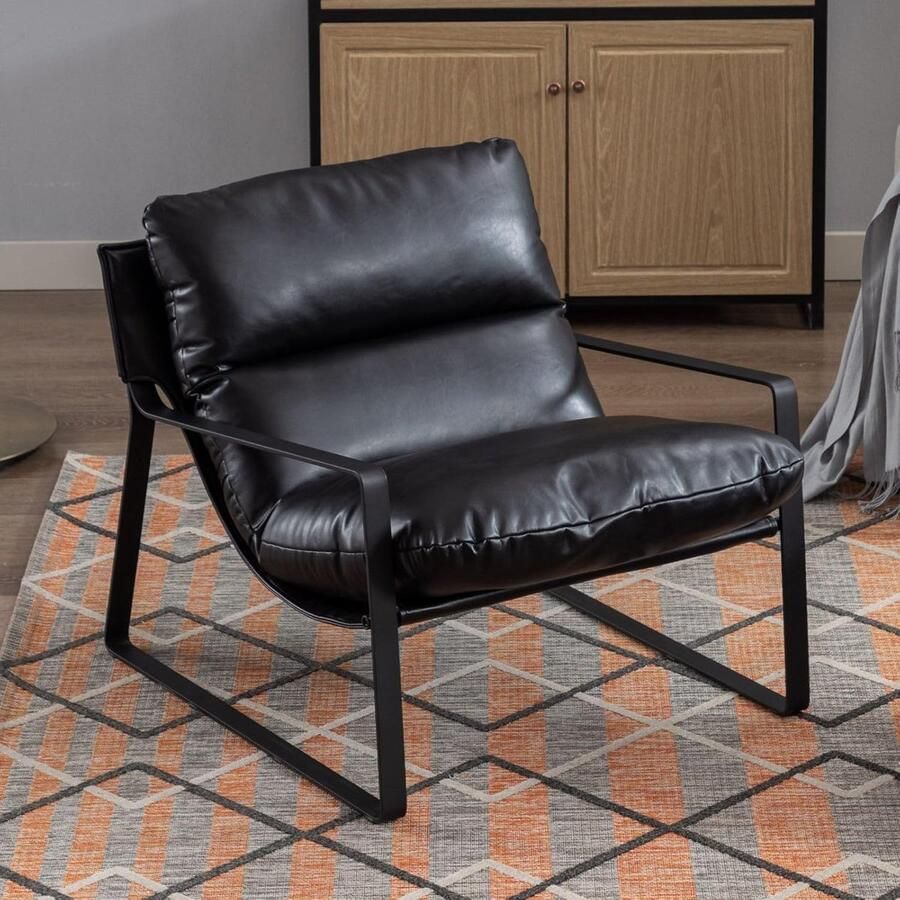 Occasionele stoel – Zwarte PU lederen fauteuil gestoffeerde moderne kuipstoel voor woonkamer