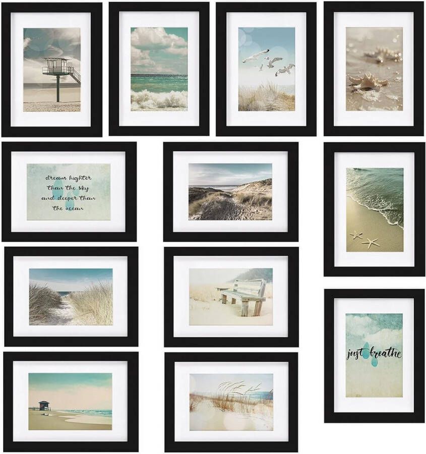 Ocean Set van 12 Fotolijsten Houten Picture Frames – 12 x 13x18cm – Kunststof glas Fotolijst van Hout Metalen Ophanging Standaard & Passepartout Zwart