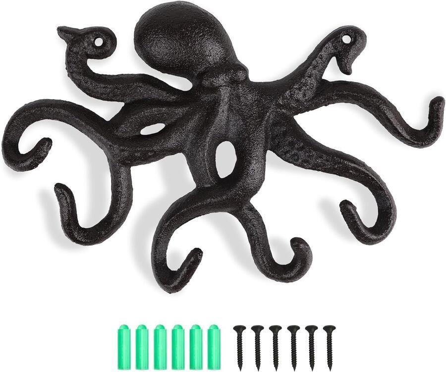 Octopus Kapstokhaken rustiek voor jassen en accessoires 2 stuks donkerbruin gietijzer