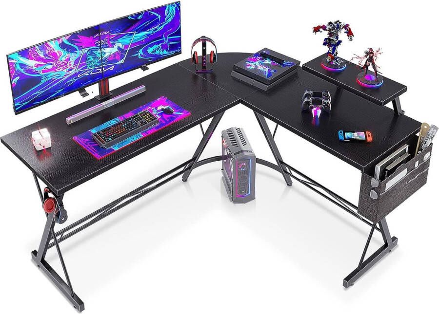 ODK gamingtafel bureau L-vorm bureau zwart met ronde hoek gamingtafel met monitorplank 147 x 120 cm