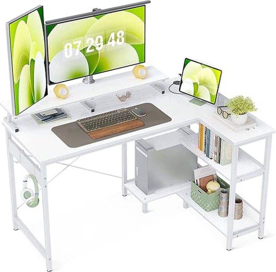 ODK Hoekbureau Wit omkeerbaar L-vormig bureau met plank 120x80x88cm Bureau L-vorm met lange monitorstandaard gamingtafel met boekenplank Computertafel L-vorm voor thuiskantoor
