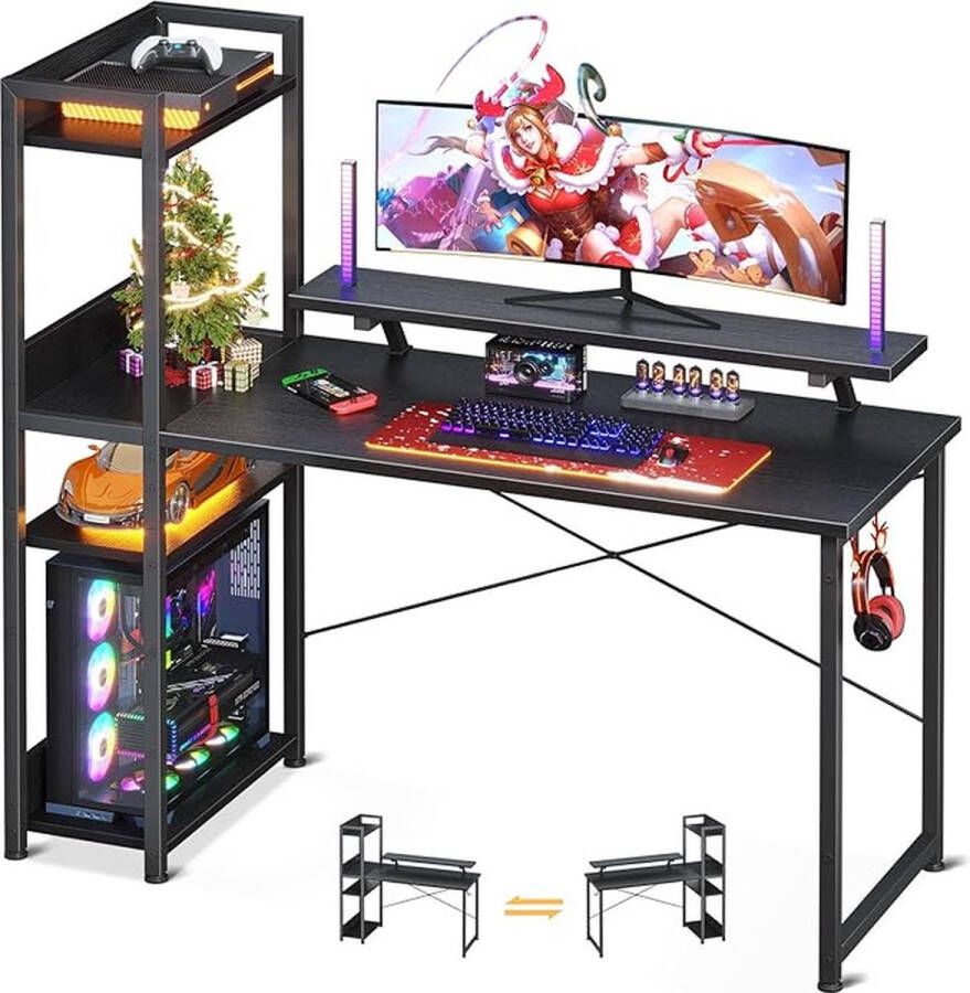 ODK klein bureau met plank 120x50x116cm computerbureau met boekenplank omkeerbaar kantoortafel met verstelbare lange monitorstandaard speeltafel met planken voor thuiskantoor zwart