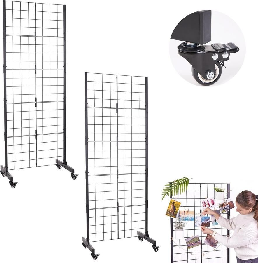 ODOXIA 2-Pack Grid Wall Metalen Displayrek met Wielen Ruimtebesparend Ontwerp