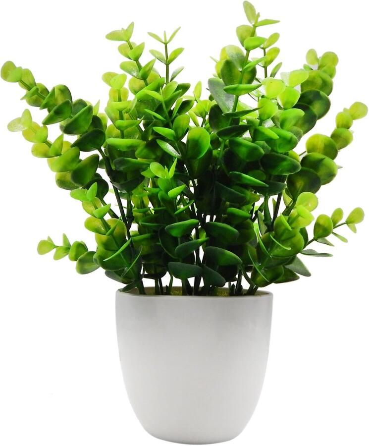 OFFIDIX Mini plastic eucalyptus kunstplanten met vaas voor op het bureau thuis en als cadeau voor vrienden. Nepplant met plastic potten voor huisdecoratie (groen)
