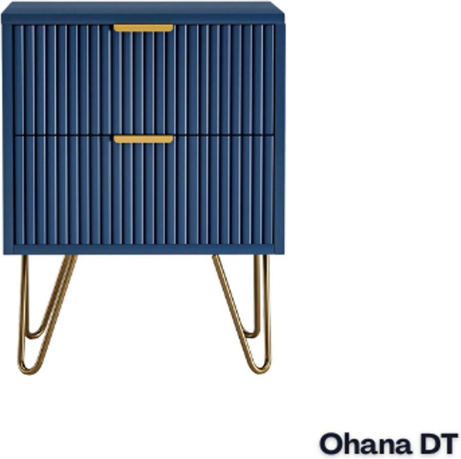Ohana DT Nachtkasje Blauw Ladekast Nachtkastjes 2 Ruime Lades Gouden Accenten Compact Formaat Veelzijdig In Gebruik