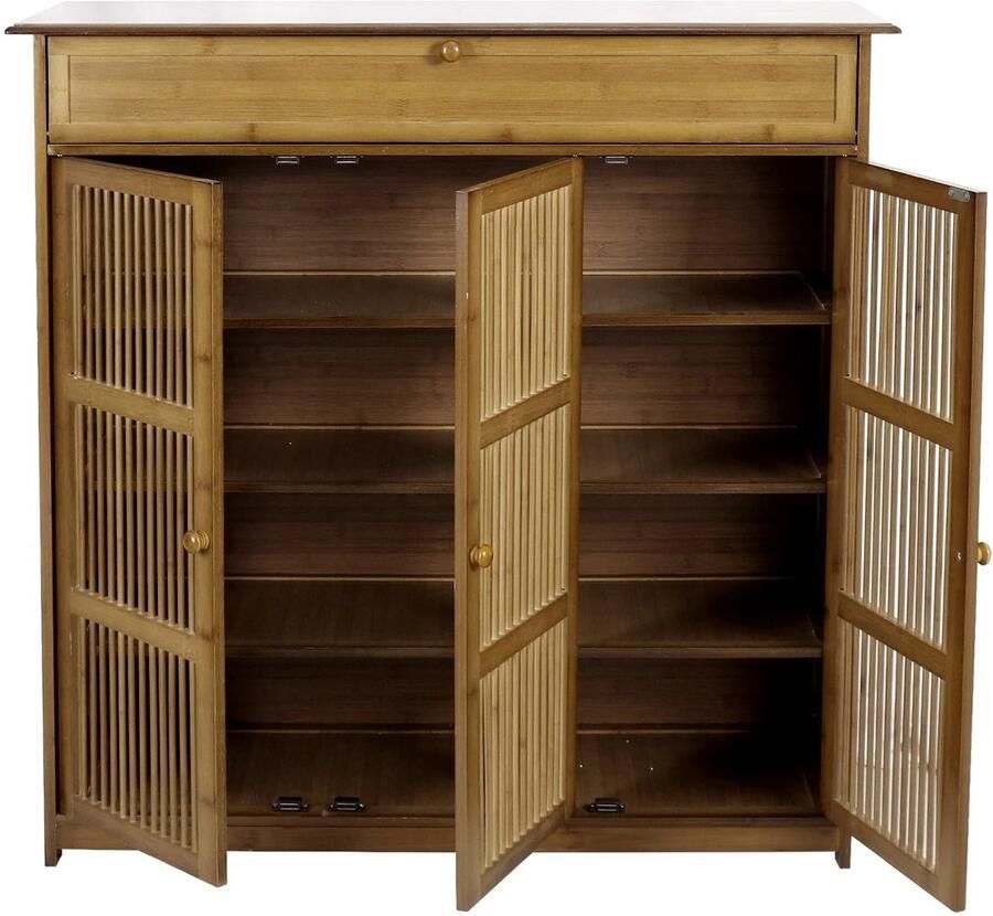 Ohana DT Schoenenkast Met Deuren Schoenenkast Hout 93×32×98 CM 12 Paar Schoenen Ventilerende Deuren Duurzaam Bamboe