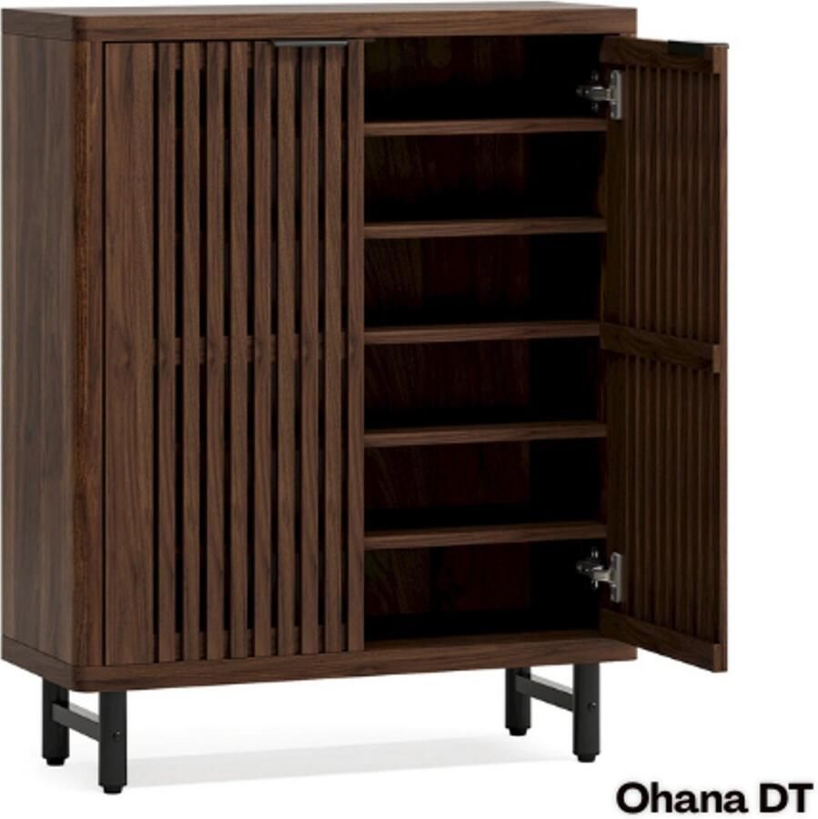 Ohana DT Schoenenkast Met Deuren Schoenenkast Hout Schoenenrek 5 Laags Walnoot Houtlook Robuust Metalen Frame