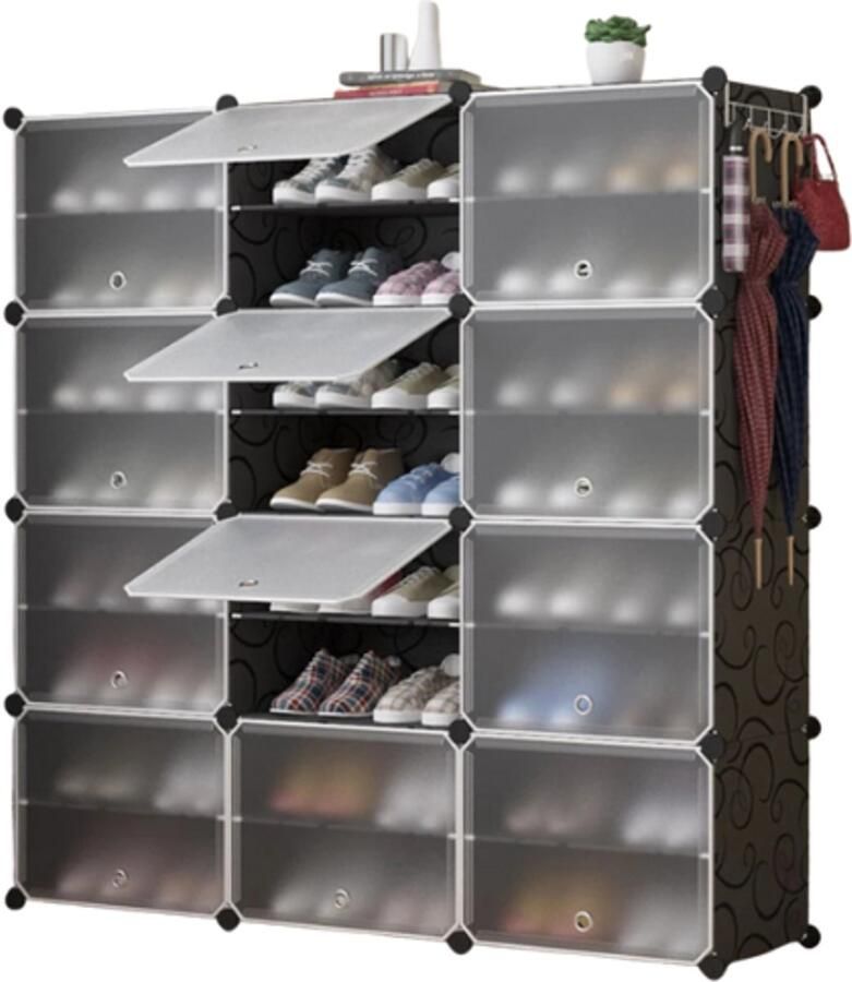 Ohana DT Schoenenrek Schoenenkast Met Kleppen 12 Vakken 48 Paar Schoenen 120x120x30 CM Modulair Stofvrij