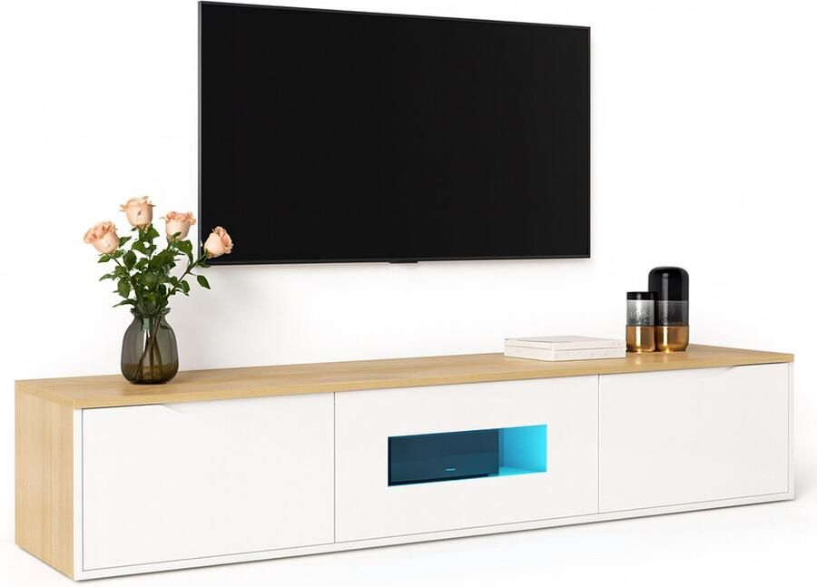 Ohana DT TV Meubel Wit TV Kast Wit Hoogglans Instelbare LED Verlichting Ruime Opbergruimte Eenvoudige Montage Wit