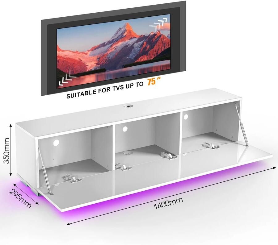 Ohana DT TV Meubel Wit TV Meubel Zwevend TV Kast 140x29 5x35cm Soft-close Deur Zonder Handgrepen LED-verlichting Wit