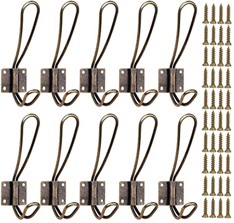 OHIYO Rustieke wandhaak kapstokken zware vintage dubbele hangers voor het ophangen van hoeden tassen in de hal badkamer slaapkamer wandgemonteerde ijzeren haken 10 stuks brons