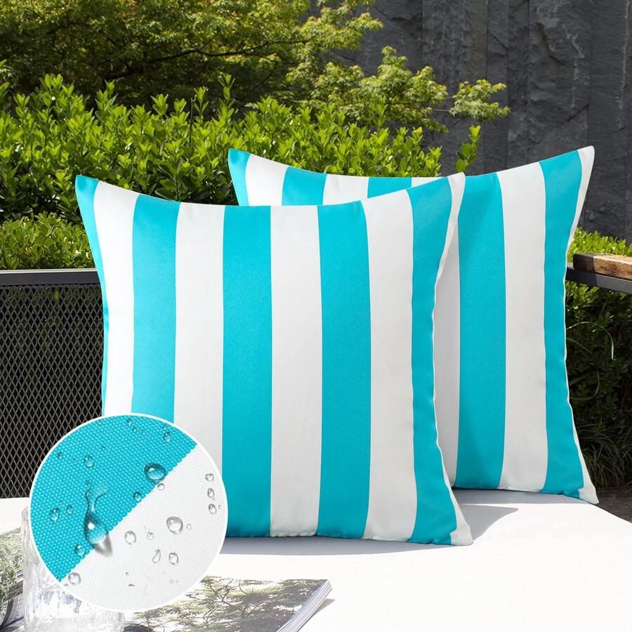 Ohok waterdichte gestreepte kussenhoes set van 2 decoratieve buitenkussenhoezen decoratieve bankkussens decoratieve kussenhoezen voor bank woonkamer balkon tuin auto (meerblauw 45 x 45 cm)
