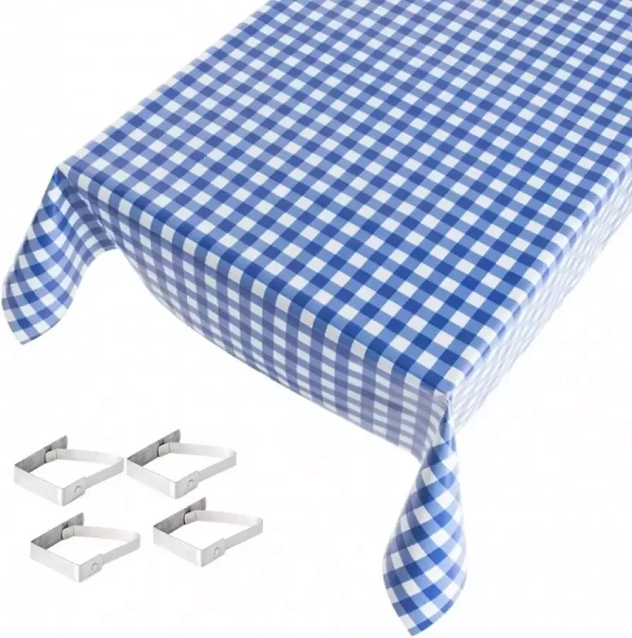 Oktoberfest Buiten tafelkleed tafelzeil blauwe ruiten 140 x 245 cm met 4 tafelkleedklemmen Tuintafelkleed tafeldecoratie