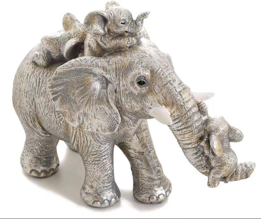 Olifant decoratieve figuren olifantenstandbeeld moedercadeau drie olifantenbaby's slapen op één olifantsmoeder decoratie voor woonkamer kantoor boekenkast slaapkamer zilver