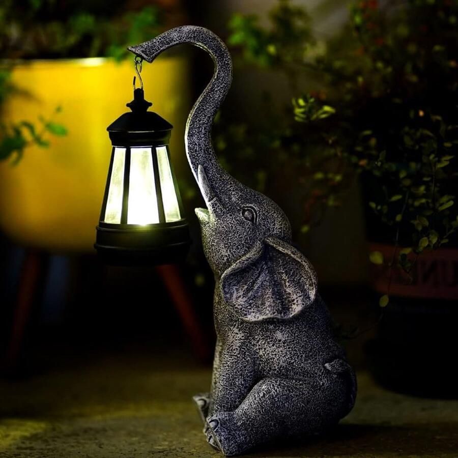 Olifant LED zonnelantaarn solar lamp warming light 1 stuk grijs outdoor decoration