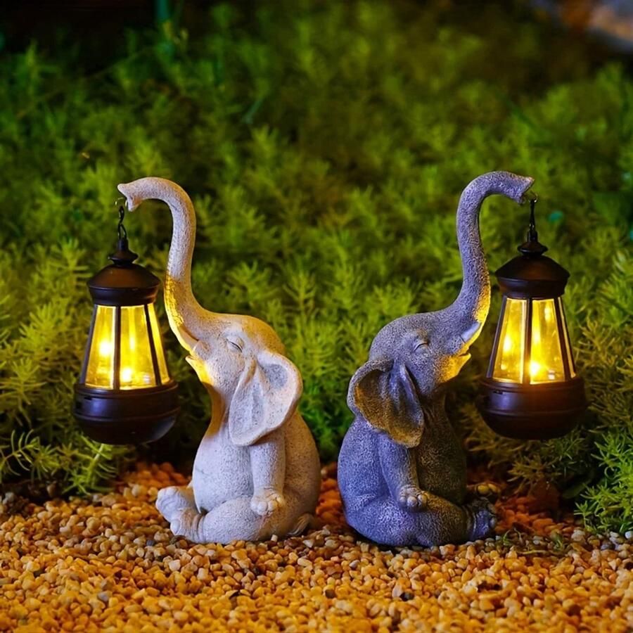 Olifant Solar Tuindecoratie – Zonne-lantaarn Beeldje Buiten Solar Lamp Tuin Ornament Origineel Cadeau voor Vader Moeder Verjaardag & Tuinliefhebbers