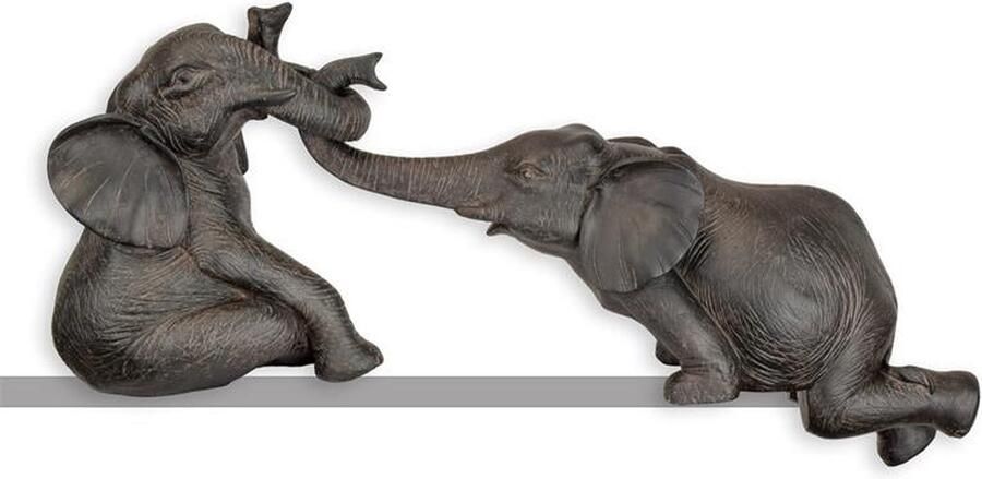 Olifanten beeld set van 2 – Kunsthars (Resin) – Randzittende decoratie voor plank vensterbank of dressoir – Realistisch Afrikaans design – Donkerbruin bronze-look – 51x18x21 cm – Stijlvolle woondecoratie perfect cadeau