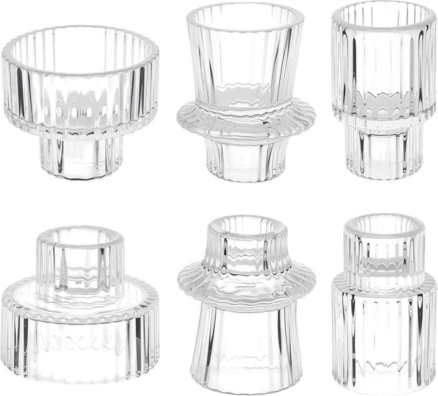 OLYCRAFT 6 Stks Glazen Taper Kaarsenhouders Dubbelzijdige Vintage Geribbelde Kaarsenhouder Helder Glas Kandelaar Houders Omkeerbare Theelicht Kandelaar voor Tafel Middenstuk Bruiloft Diner