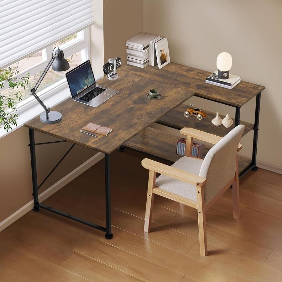 Omkeerbaar bureau L-vorm hoekbureau met opbergvakken Omkeerbaar computerbureau L-vormig met hoektafel kantoortafel L-vorm 2 lagen DIY-opslagplanken 110CM hoektafel Vintage bruin