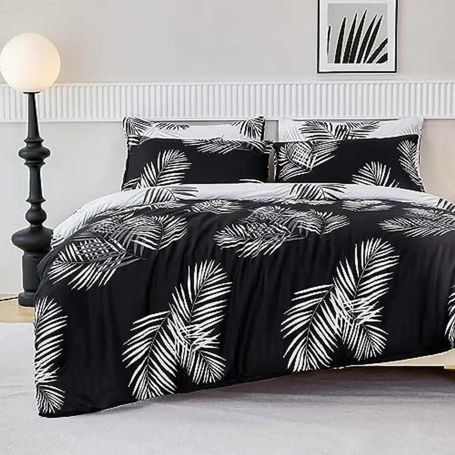 Omkeerbaar dekbedovertrek met palmbladmotief 140 x 200 cm eenpersoonsbed modern design zwart
